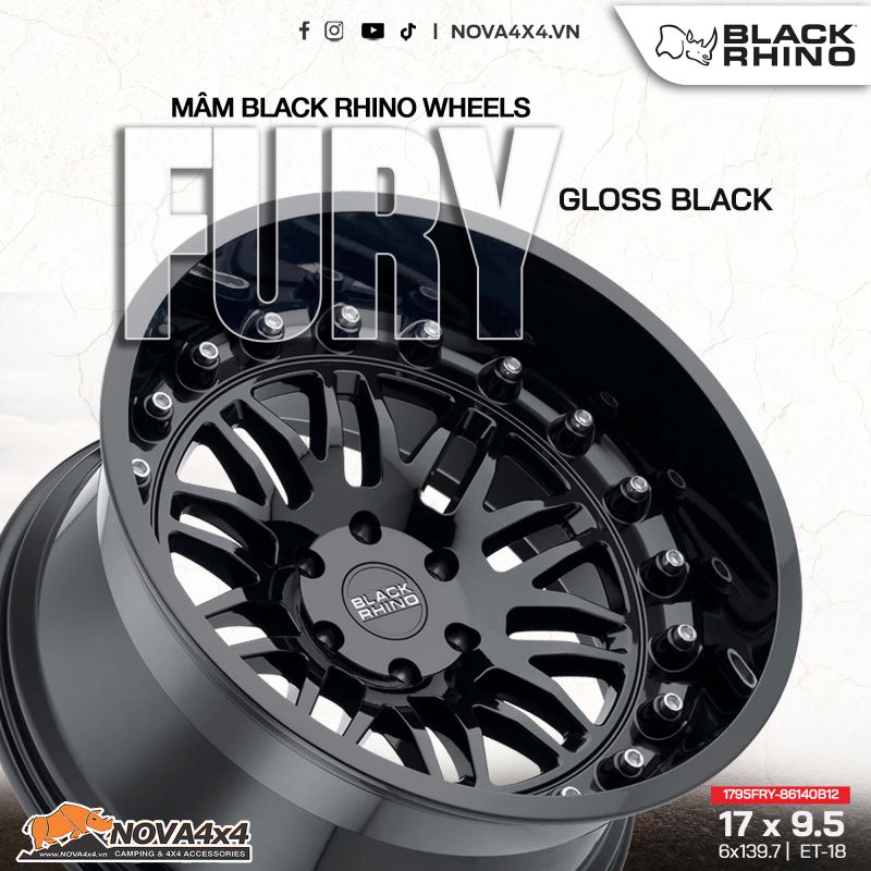 Mâm Black Rhino Fury 17×9.5 | 6X139.7 | ET-18| CB112.1 (đen bóng)